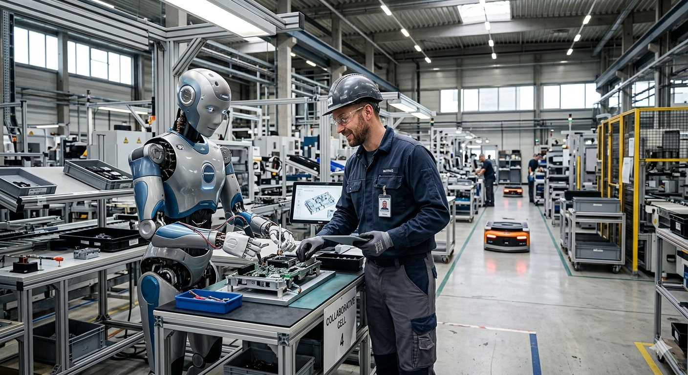 Humanoider Roboter in Fabrik mit menschlichem Kollegen